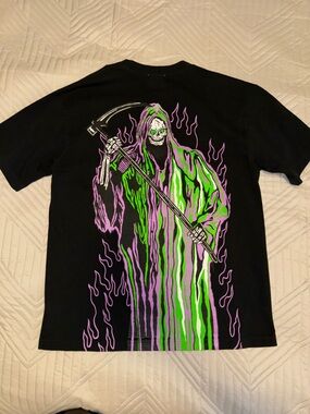 Black Graphic Tee with Neon Green & Purple Grim Reaper